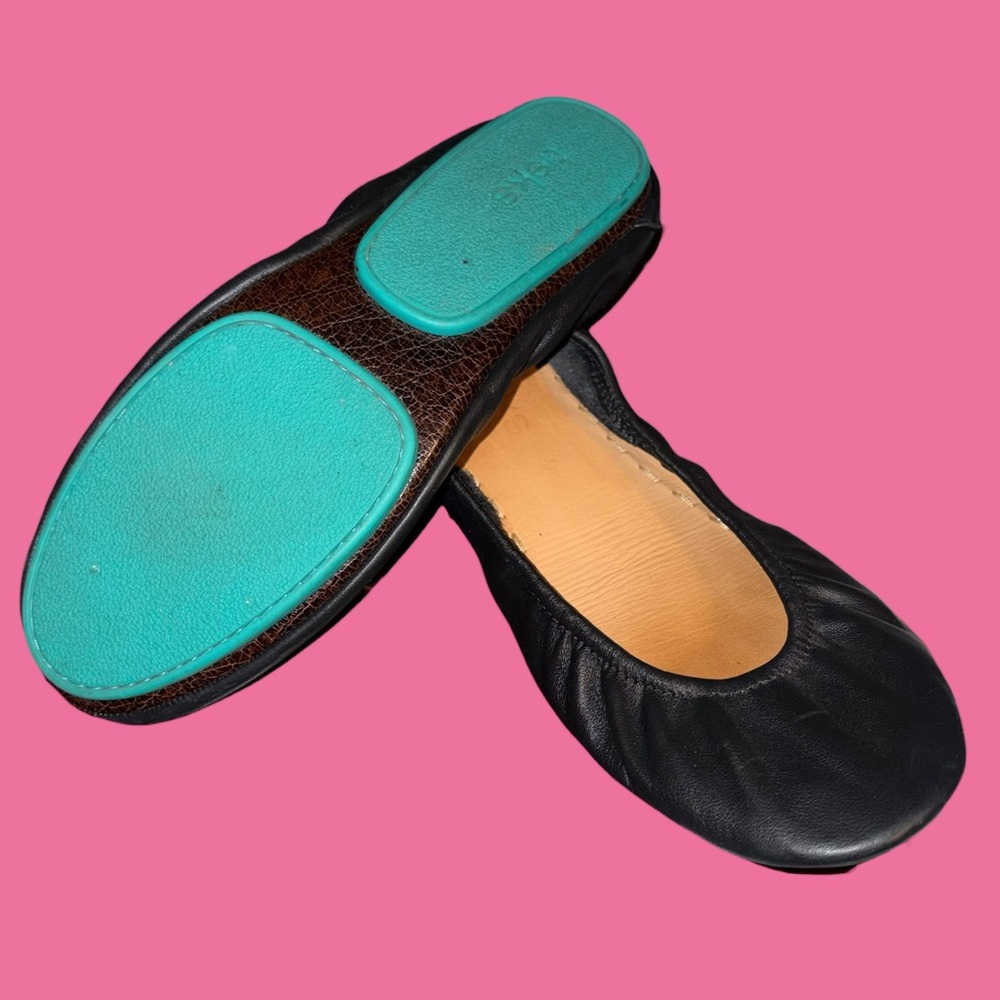 Tieks Black Leather Ballet Flats with Turquoise Soles